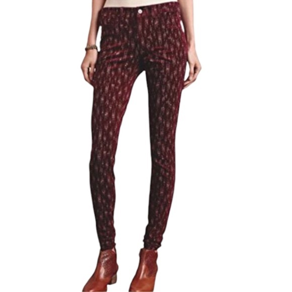 Anthropologie Pilcro Serif Corduroy Pants‎ Red Gold Print Tapered Leg Size 10 - Picture 1 of 6